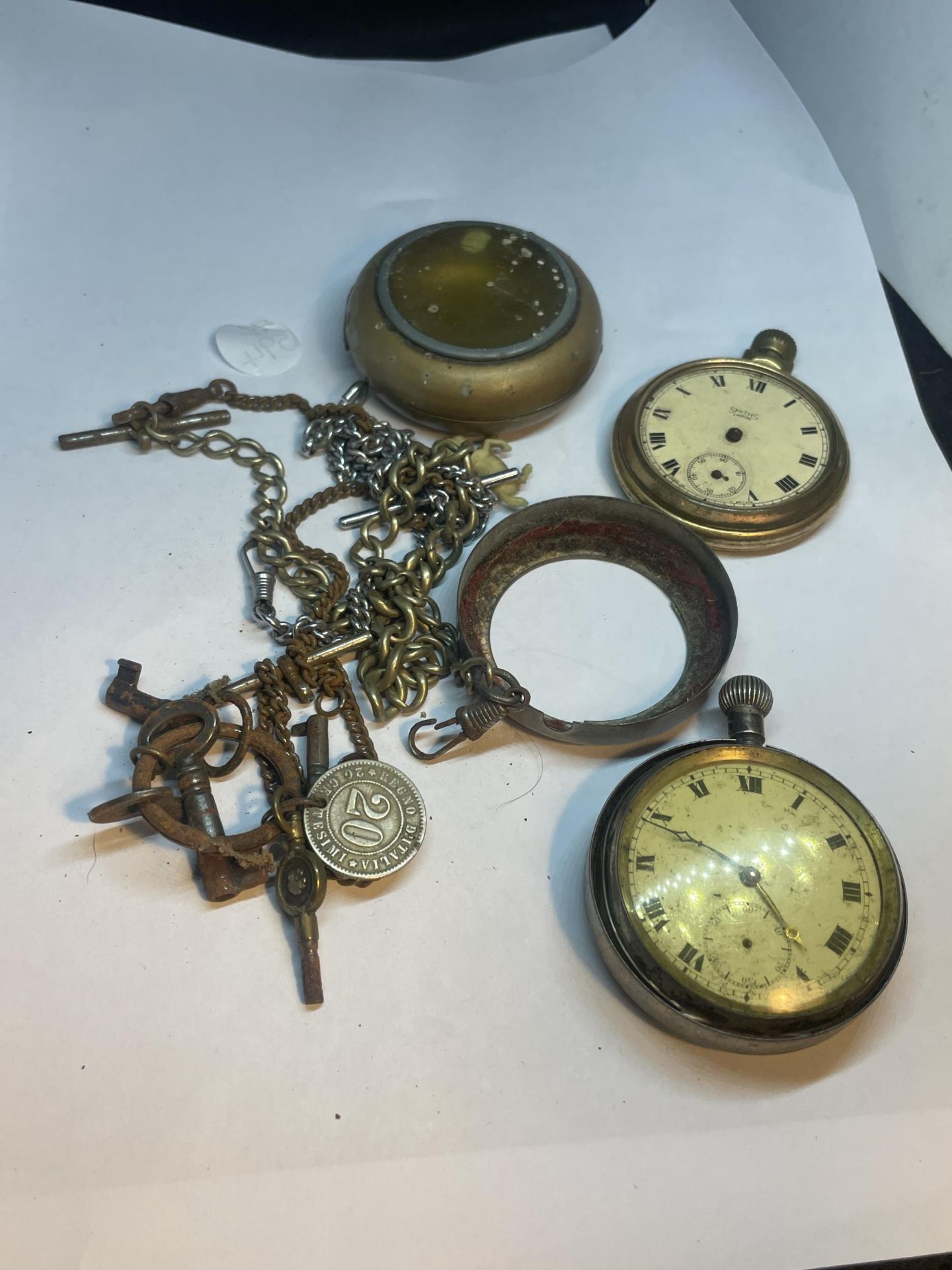 A SILVER POCKET WATCH AND VARIOUS PARTS TO INCLUDE KEYS AND CHAINS