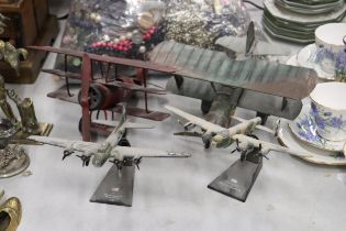 FOUR AEROPLANE MODELS TO INCLUDE TWO TIN PLATE PLUS AN AVRO LANCASTER AND A 1944 BOEING B-17F FLYING