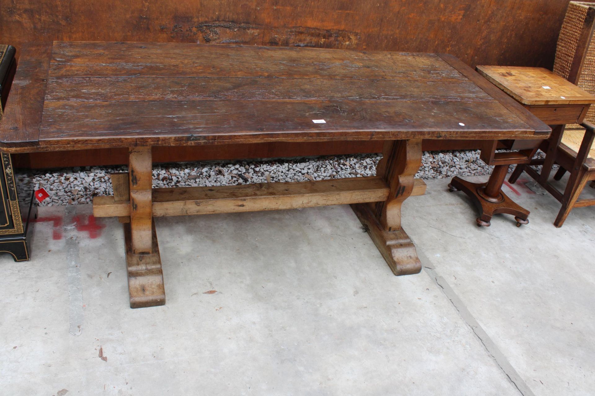 A GEORGIAN STYLE OAK REFECTORY TABLE ON BEECH BASE 79" X 29"