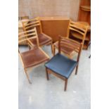 A RETRO TEAK DROP LEAF DINING TABLE AND FOUR DINING CHAIRS (3 + 1)