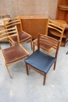 A RETRO TEAK DROP LEAF DINING TABLE AND FOUR DINING CHAIRS (3 + 1)