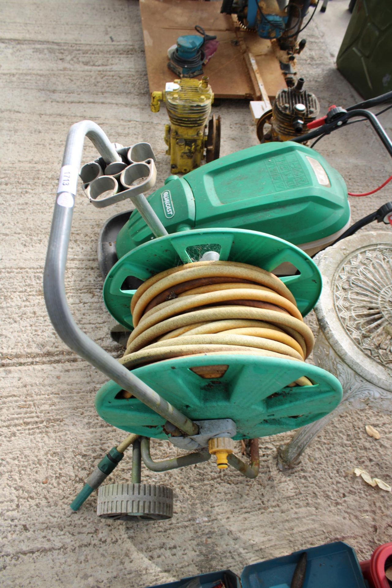 A CAST ALLOY BISTRO CHAIR, A QUALCAST ELECTRIC LAWN MOWER AND A HOSE REEL WITH HOSE - Image 3 of 3