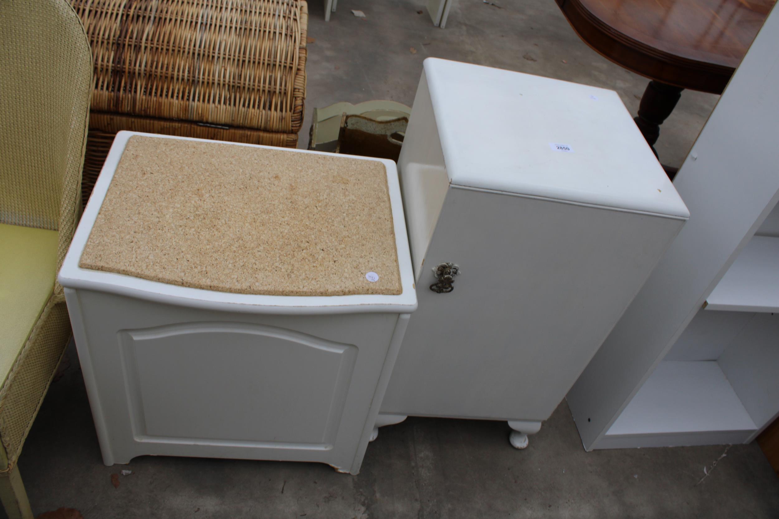 A WHITE BEDSIDE LOCKER, BATHROOM STOOL, TWO BEDROOM CHAIRS AND A TRIPOD WINE TABLE - Image 3 of 3