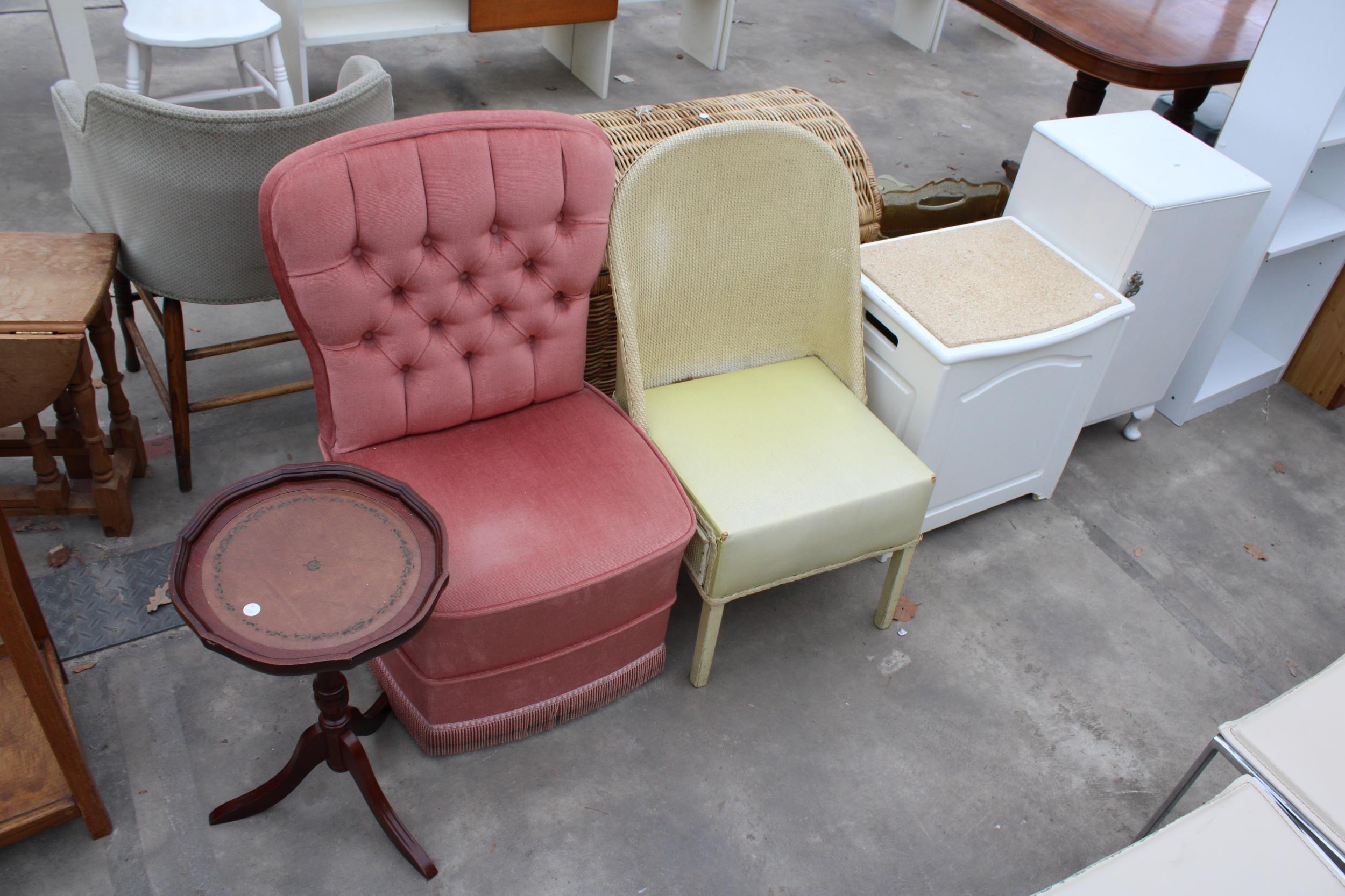 A WHITE BEDSIDE LOCKER, BATHROOM STOOL, TWO BEDROOM CHAIRS AND A TRIPOD WINE TABLE