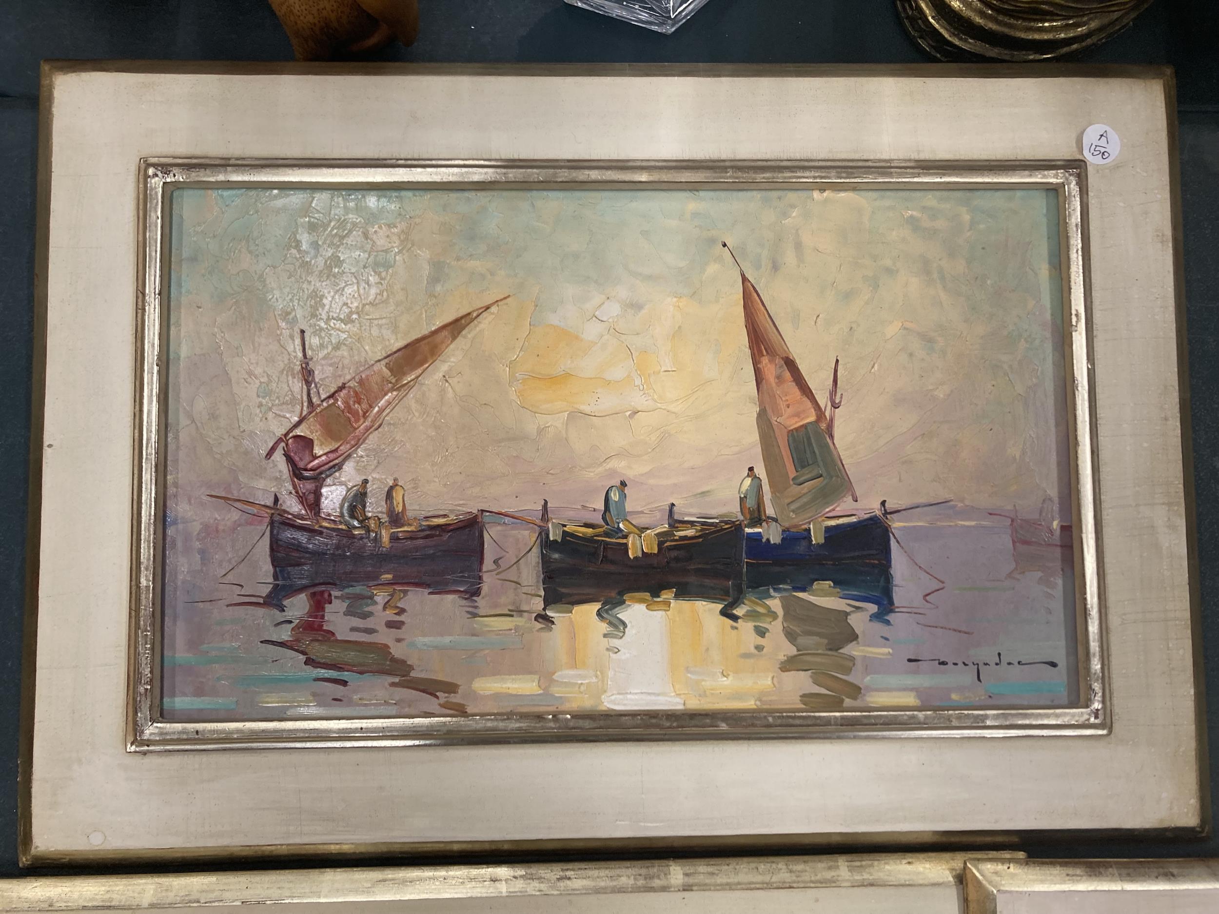 THREE FRAMED OIL ON BOARD PAINTINGS OF BOATS SIGNED - Image 2 of 5