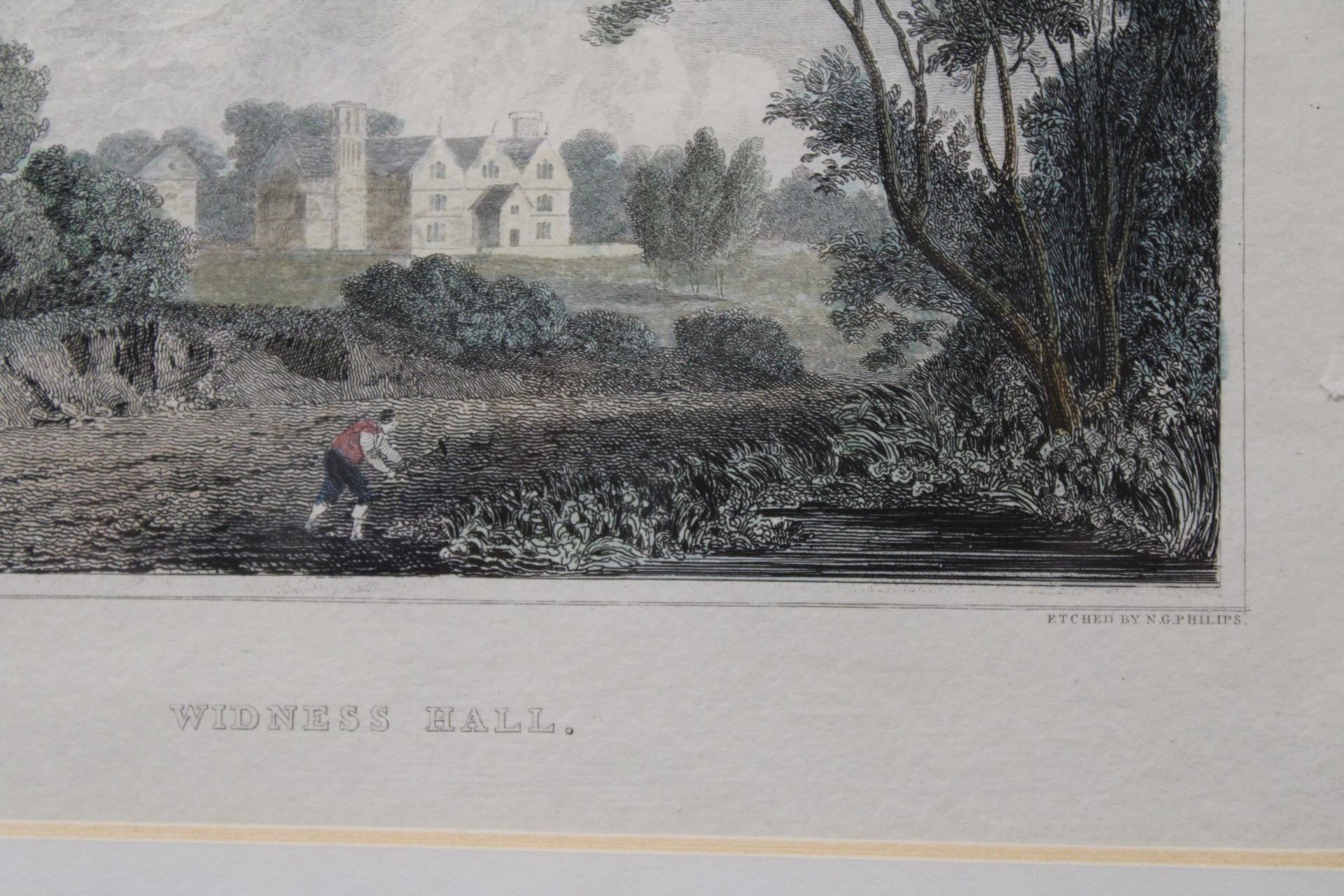 TWO VINTAGE COLOURED ENGRAVINGS, 'MOSLEYES HALL' AND 'WIDNESS HALL', FRAMED - Image 5 of 5
