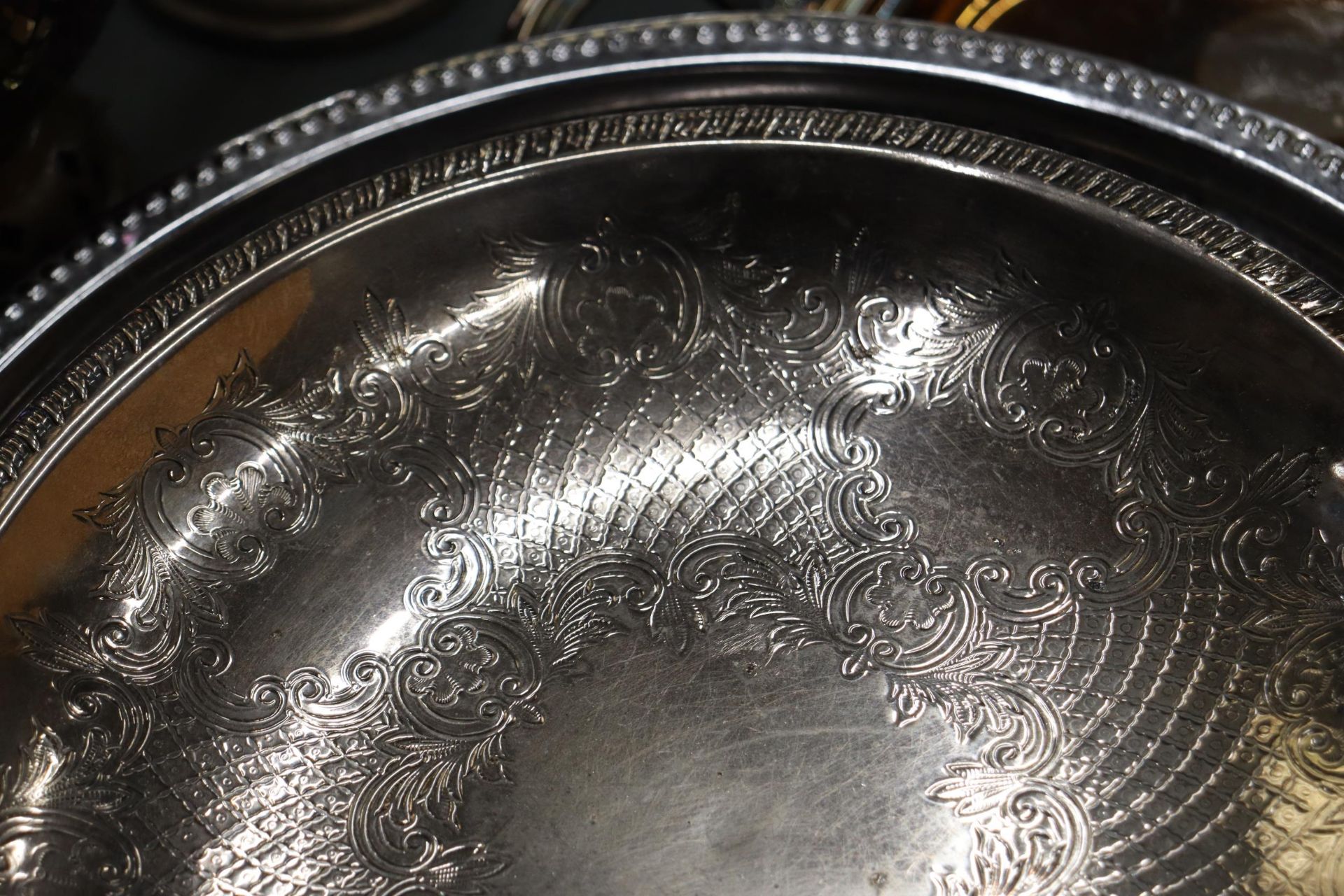 FIVE SILVER PLATE TRAYS ONE WITH AN EMBROIDERED INLAY - Image 11 of 11