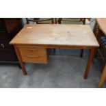 A RETRO TEAK CHILDS SINGLE PEDESTAL DESK ENCLOSING TWO DRAWERS 39.5" X 24"