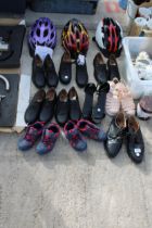 AN ASSORTMENT OF MENS AND LADIES SHOES AND THREE BIKE HELMETS