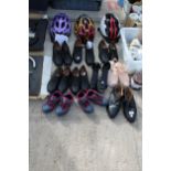 AN ASSORTMENT OF MENS AND LADIES SHOES AND THREE BIKE HELMETS