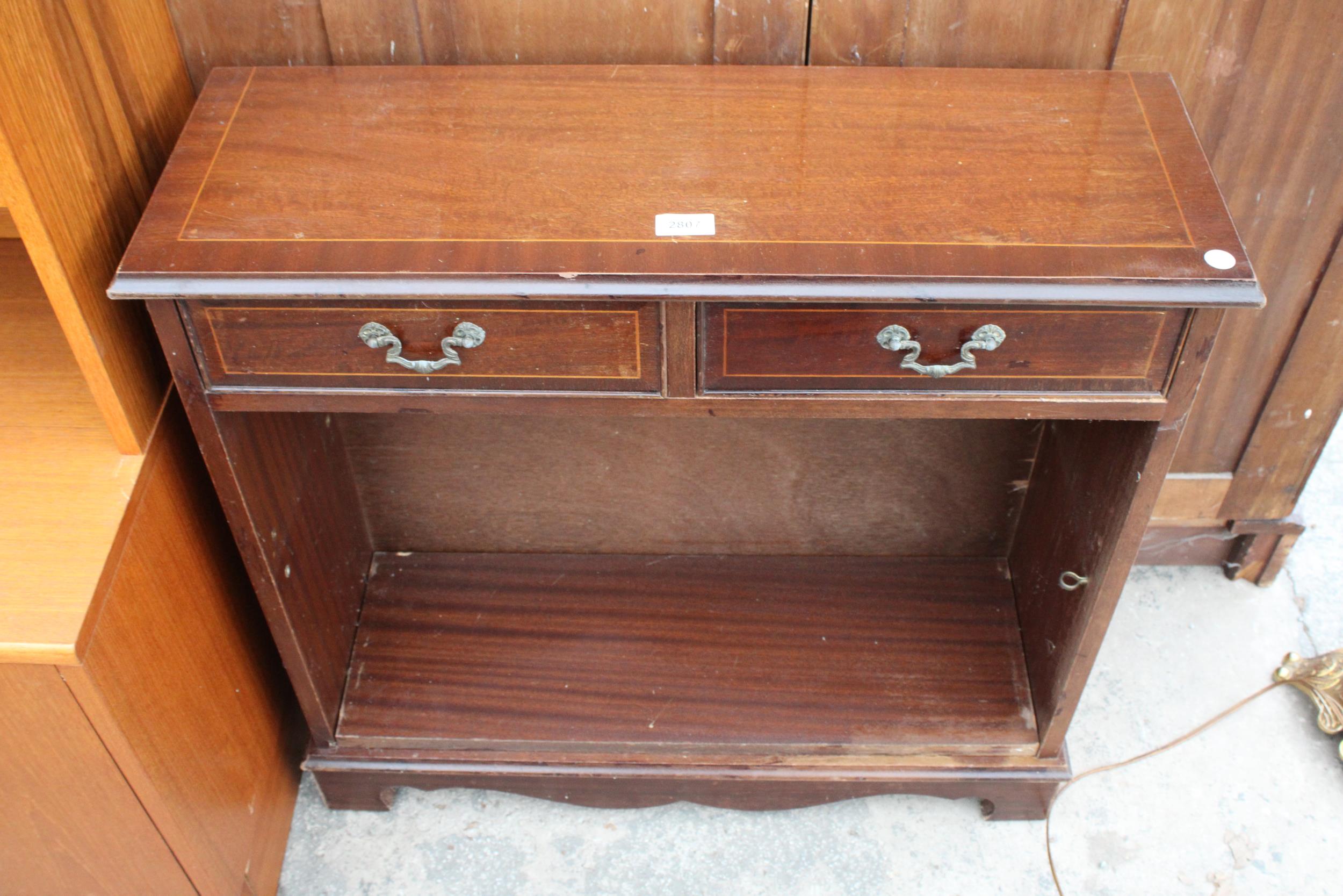 A MAHOGANY AND INLAID OPEN BOOKCASE WITH TWO DRAWERS 30" WIDE