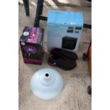 AN ASSORTMENT OF ITEMS TO INCLUDE TRAINERS, A PLASMA BALL AND A PAPER SHREDDER ETC