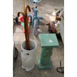 A CERAMIC JARDINAIRE STAND, A CERAMIC OWL STICK STAND AND TWO WALKING STICKS