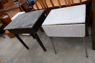 A FORMICA TOP DROP LEAF KITCHEN TABLE AND A PAINTED WORK TABLE