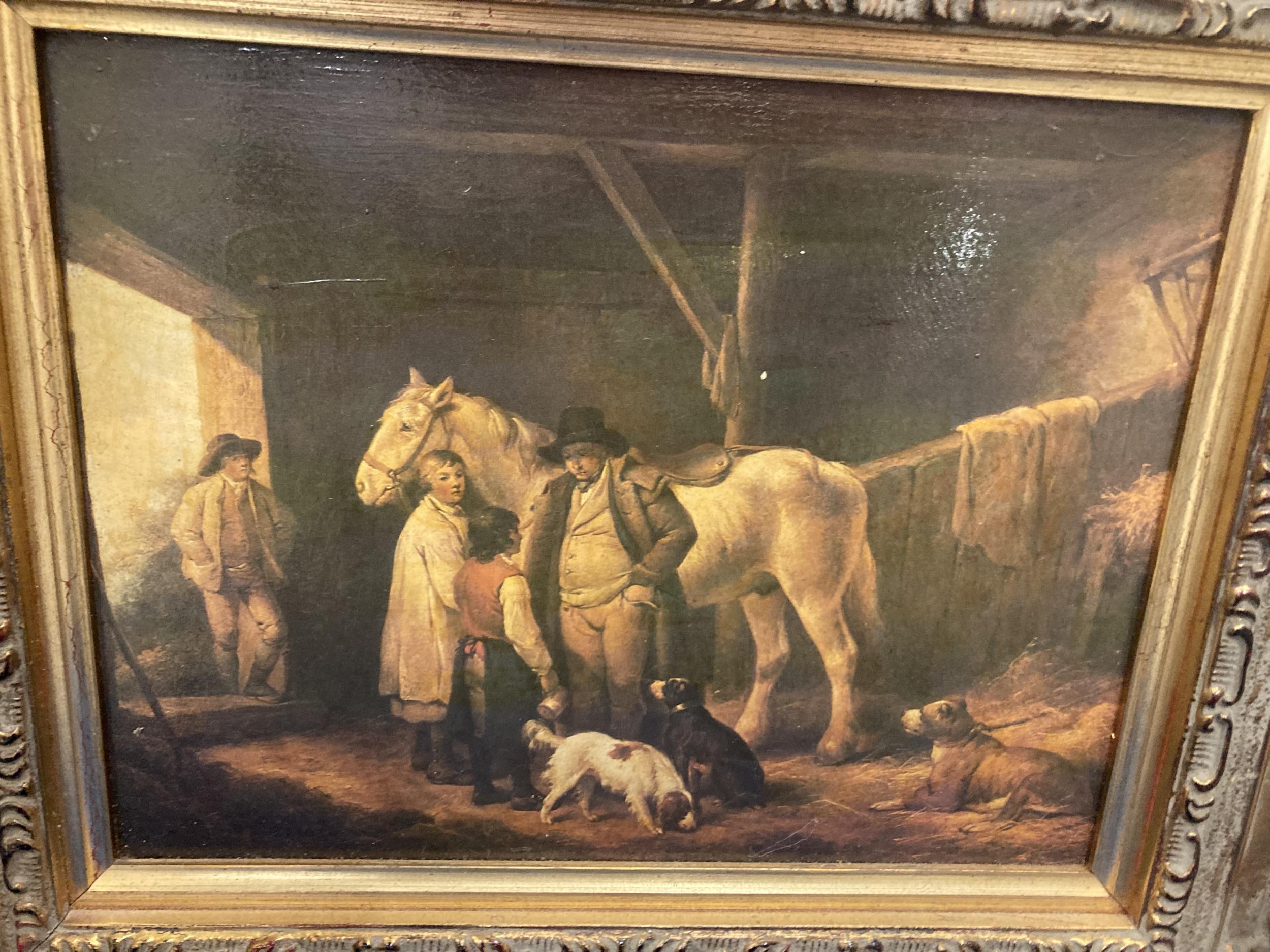 A GILT FRAMED PRINT OF A FAMILY AND DOGS IN A STABLE WITH A HORSE 17CM X 22CM - Image 2 of 5