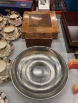 TWO THUYA WOODEN BOXES ONE WITH FOUR COMPARTMENTS TOGETHER WITH A HAND BEATEN SILVER BOWL