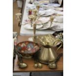 A SILVER PLATED CANDLEABRA AND ORNATE FOOTED BOWL, BRASS CLOISONNE FOOTED BOWL, PLUS BRASS JUG AND