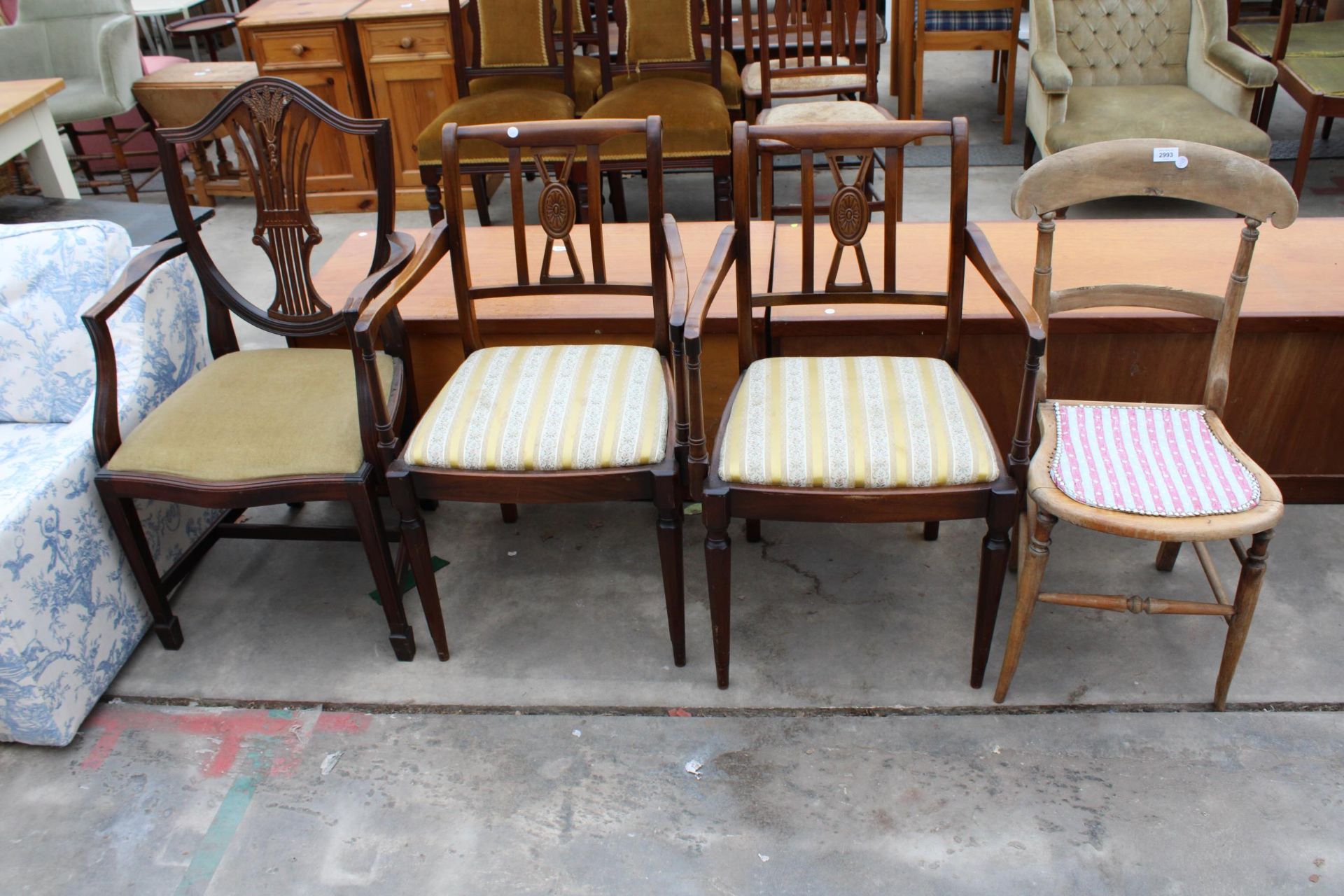 A VICTORIAN BEDROOM CHAIR AND THREE MAHOGANY DINING CHAIRS