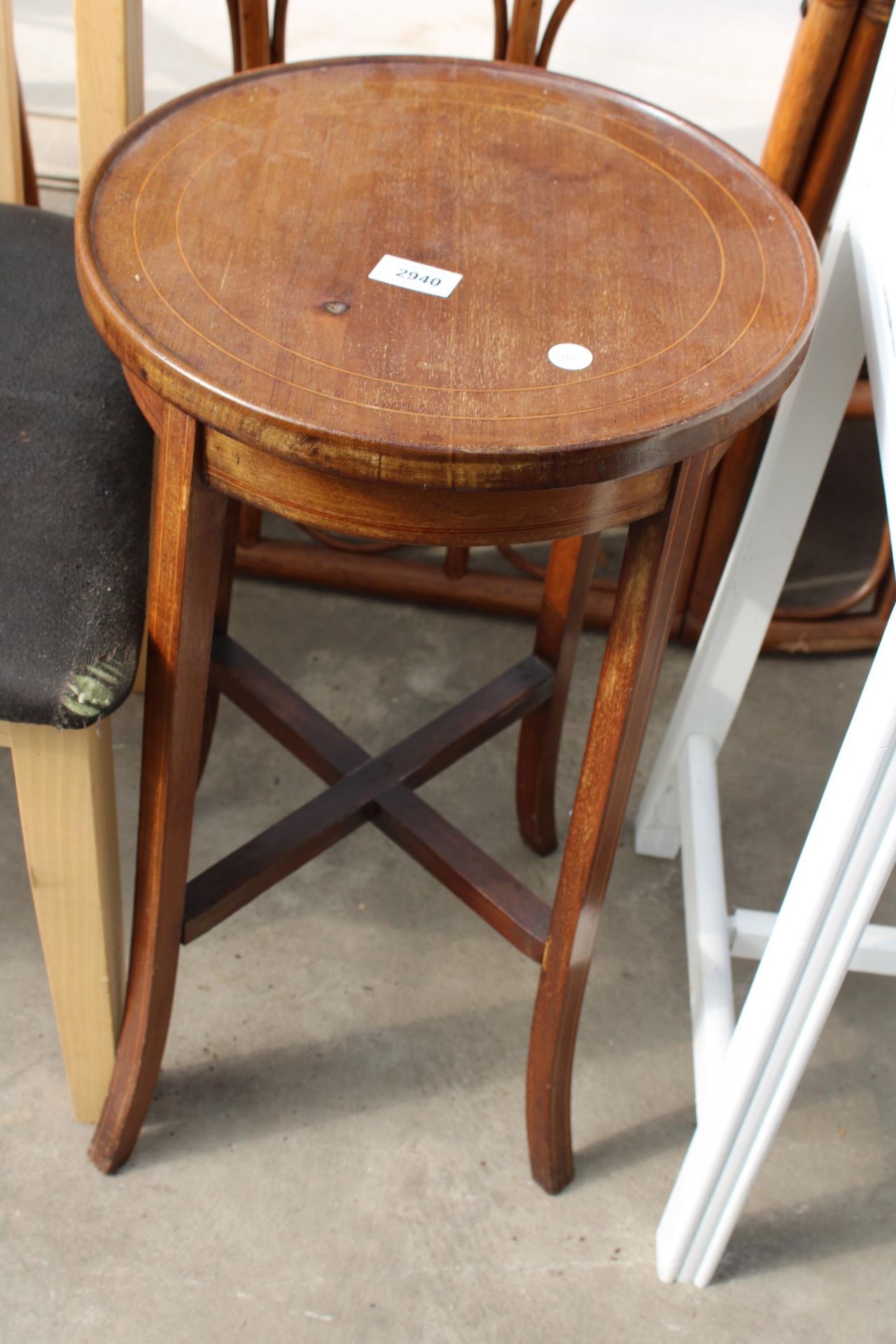 AN EDWARDIAN MAHOGNAY AND INLAID JARDINER STAND, BENTWOOD CHAIR AND A DINING CHAIR - Image 2 of 2