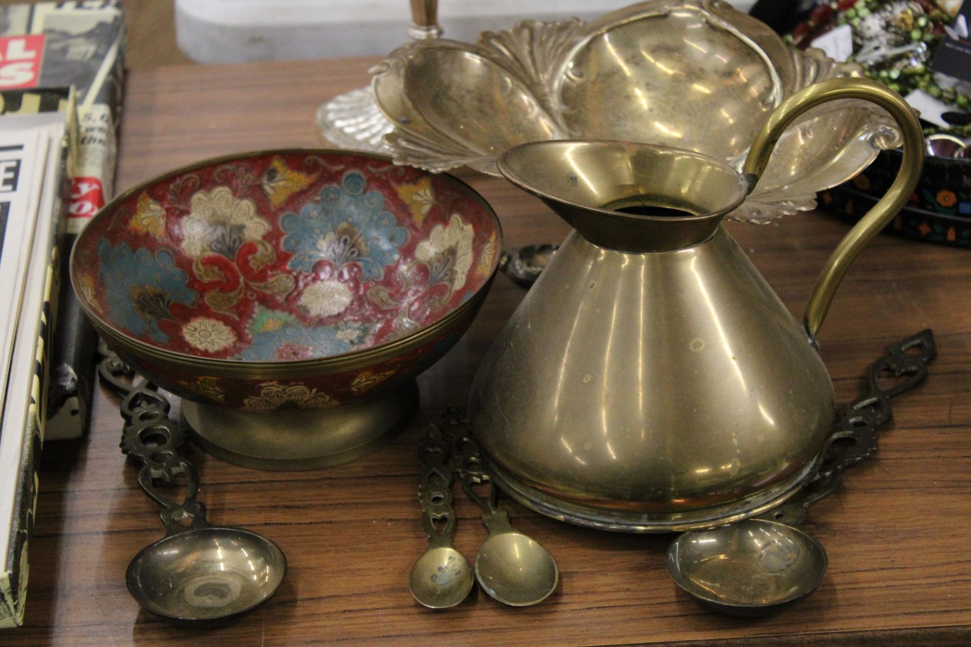 A SILVER PLATED CANDLEABRA AND ORNATE FOOTED BOWL, BRASS CLOISONNE FOOTED BOWL, PLUS BRASS JUG AND - Image 2 of 6