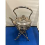 A SILVER PLATED SPIRIT KETTLE WITH FRAME AND BURNER