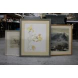 THREE FRAMED PRINTS, A MOUNTAIN SCENE, FLORAL AND HUNTING DOGS