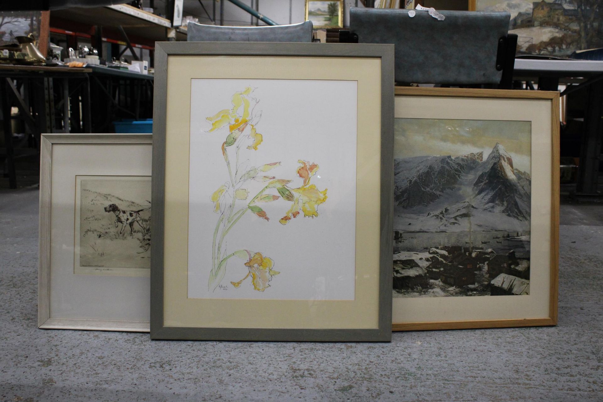 THREE FRAMED PRINTS, A MOUNTAIN SCENE, FLORAL AND HUNTING DOGS