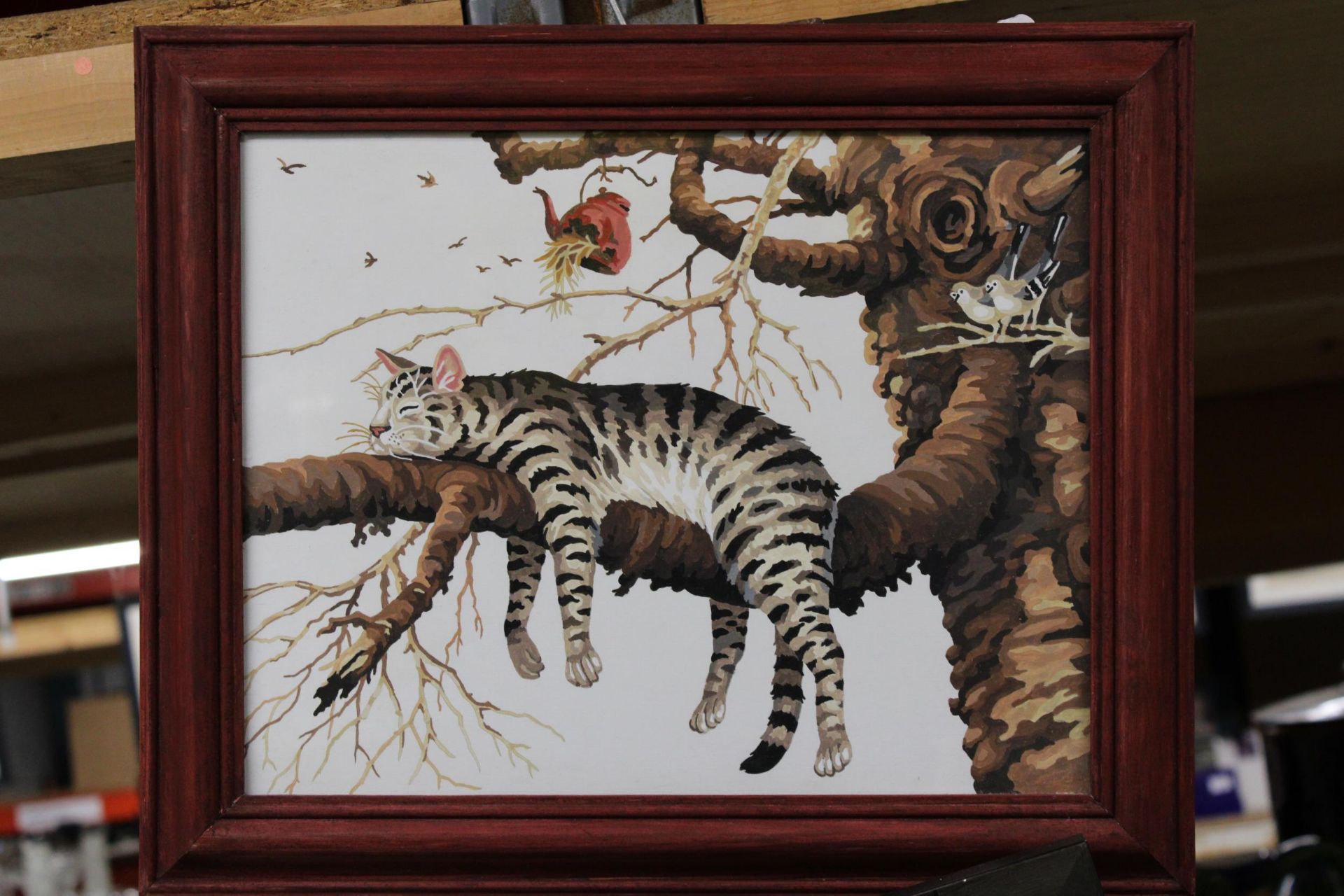 A WATERCOLOUR OF A TABBY CAT IN A TREE PLUS A PRINT OF A CAT, 'WORRYING THE GOLDFISH' - Image 3 of 6