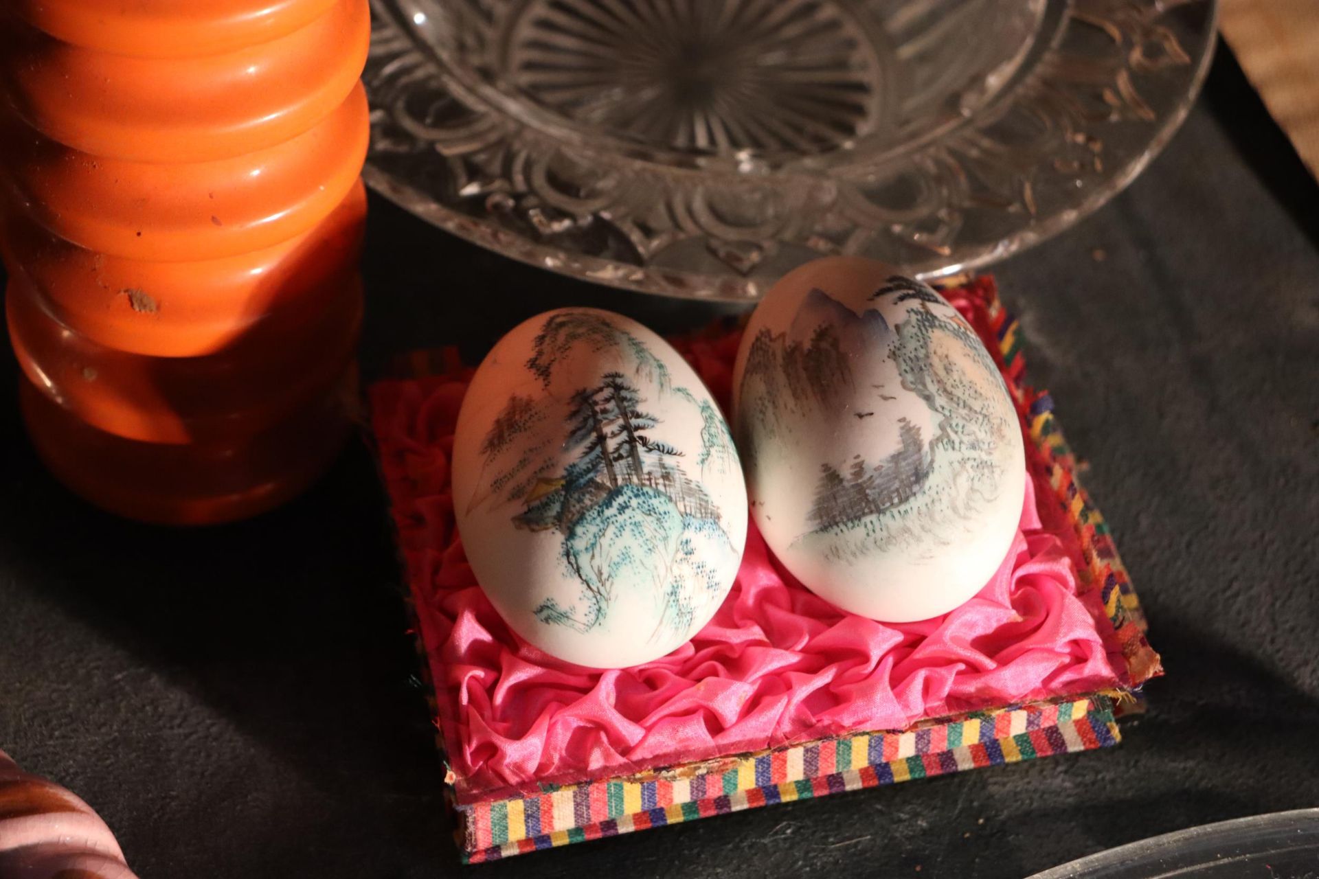A DENBIGHWARE FLORAL WALL POCKET, ORIENTAL PAINTED EGGS, LIDDED JAR, SILVER PLATED CANDLESTICK, BELL - Image 3 of 14