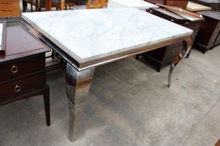 A MARBLE EFFECT DINING TABLE 59" X 36" ON POLISHED CHROME LEGS