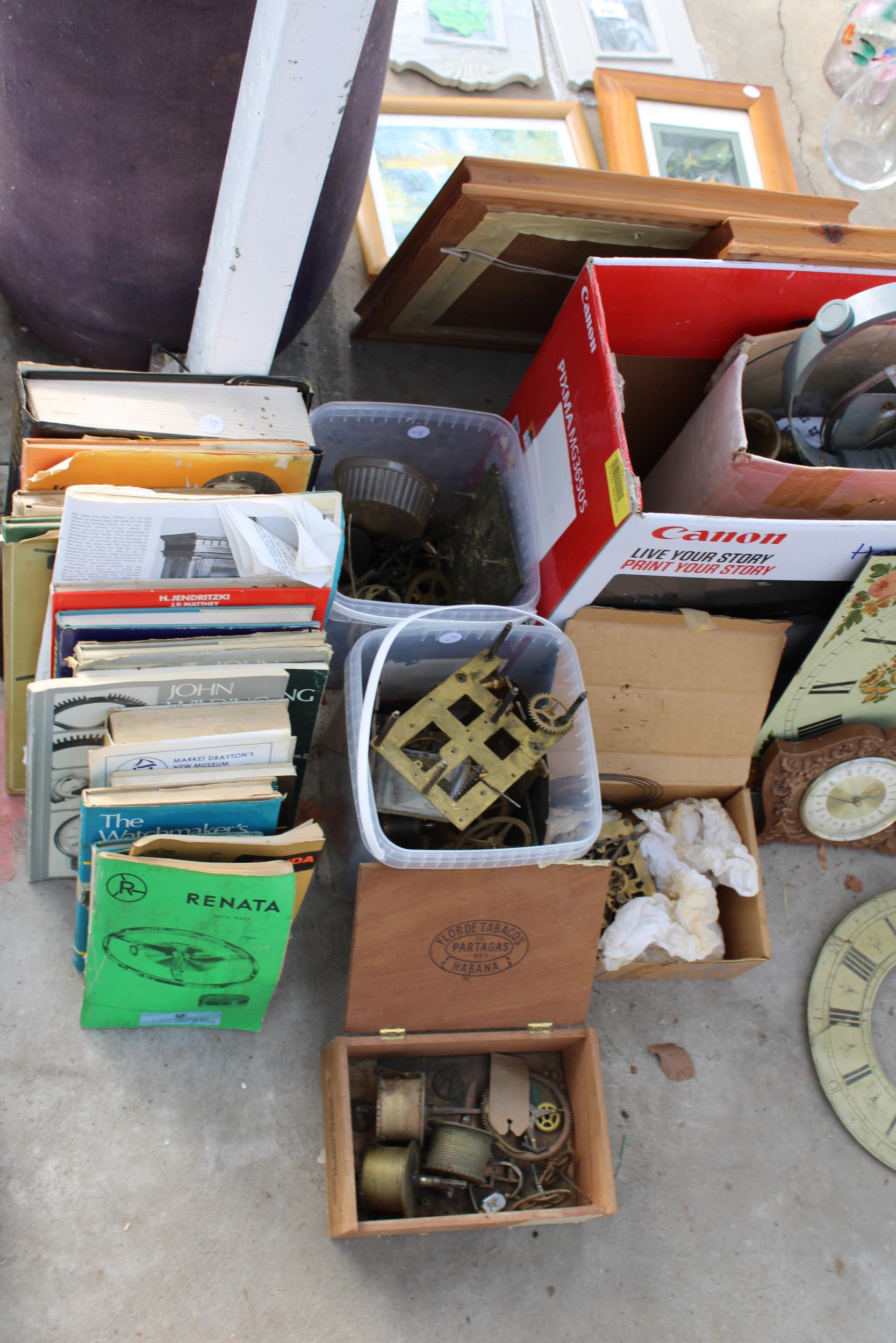 AN ASSORTMENT OF VINTAGE CLOCK PARTS TO INCLUDE FACES, COGS AND BOOKS ON CLOCKS ETC - Image 2 of 4