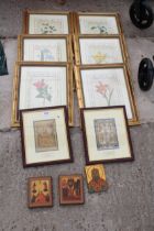 A COLLECTION OF FRAMED PRINTS TO INCLUDE, TWO ORIENTAL STYLE LACQUERED WALL PLAQUES