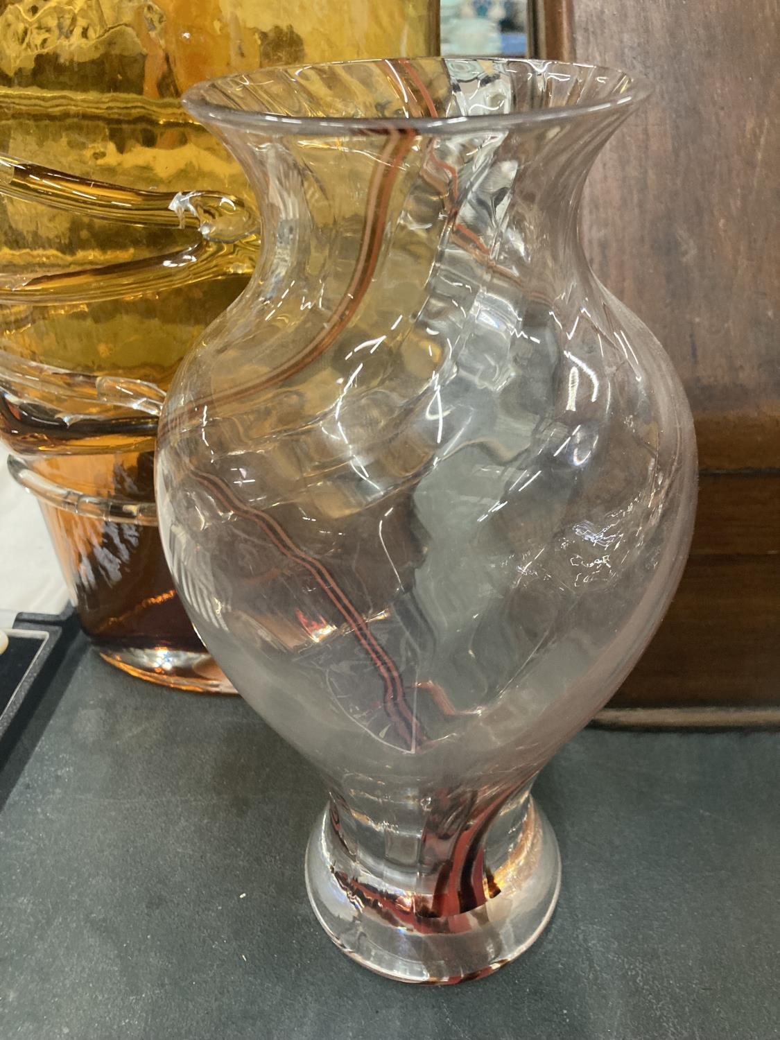 TWO STUDIO ART VASES TO INCLUDE A LARGE AMBER COLOURED WITH GLASS SWIRLS - Image 2 of 3