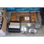 AN ASSORTMENT OF ITEMS TO INCLUDE SILVER PLATED ITEMS, A CLOTHS PRESS AND TRINKET BOXES ETC