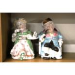 TWO VINTAGE ORIGINAL GERMAN TOBACCO JARS, A MAN AND A LADY WITH A CUP OF TEA, GOOD COLOURS, JOHN
