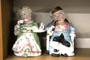 TWO VINTAGE ORIGINAL GERMAN TOBACCO JARS, A MAN AND A LADY WITH A CUP OF TEA, GOOD COLOURS, JOHN