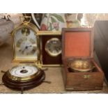 A MIXED LOT TO INCLUDE TWO CLOCKS A VINTAGE SHORTLANDS SHIP WHEEL BAROMETER PLUS BOXED COMPASS