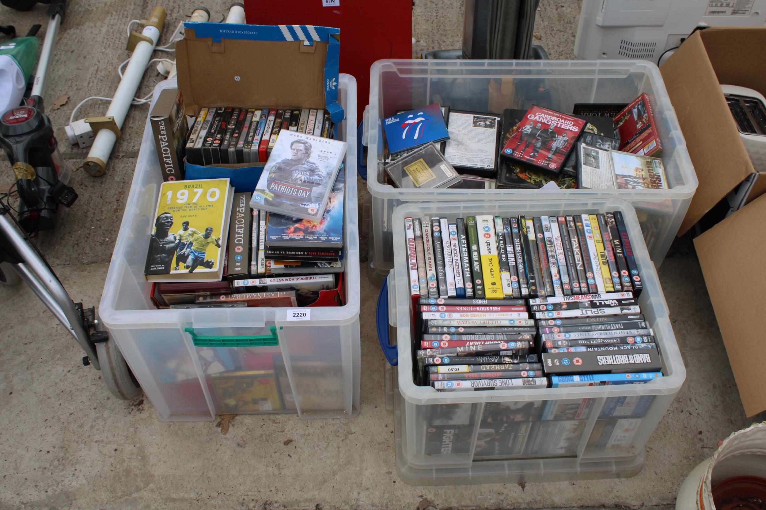 THREE LARGE BOXES OF VARIOUS DVDS AND CDS