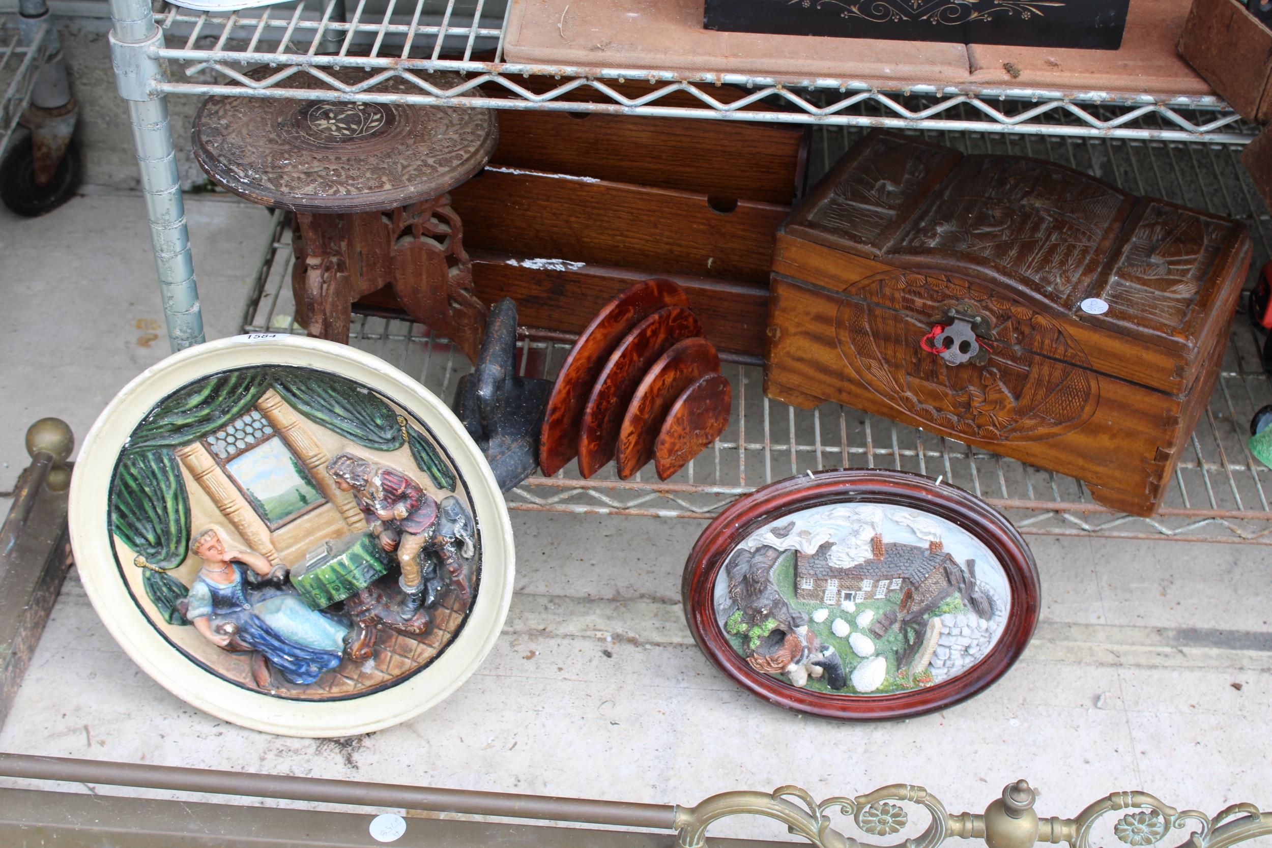 AN ASSORTMENT OF ITEMS TO INCLUDE AN OAK LETTER STAND, A SMALL STOOL AND A FLAT IRON ETC