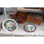 AN ASSORTMENT OF ITEMS TO INCLUDE AN OAK LETTER STAND, A SMALL STOOL AND A FLAT IRON ETC