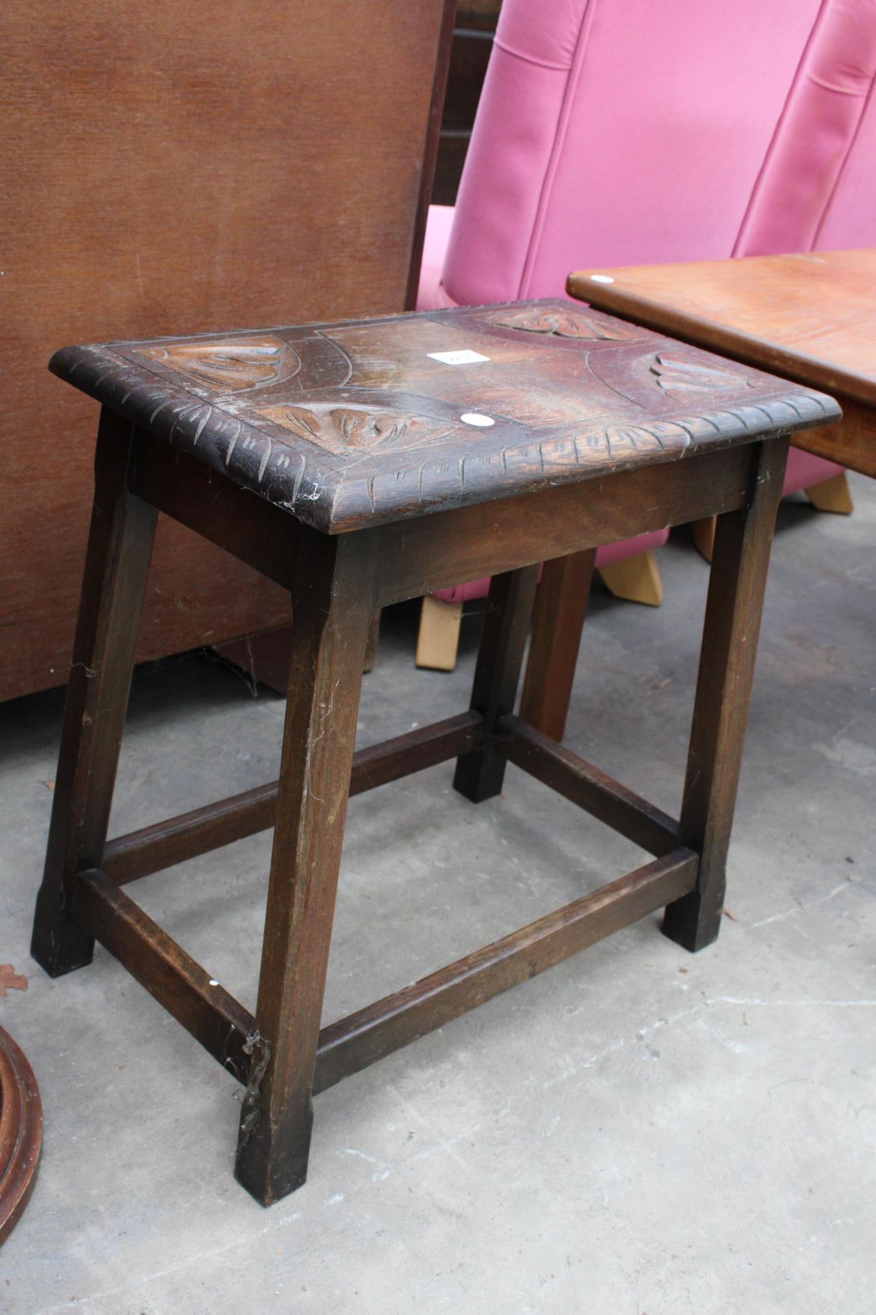AN OAK JACOBEAN STYLE STOOL WITH CARVED TOP - Image 2 of 2