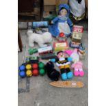 AN ASSORTMENT OF TOYS TO INCLUDE DOLLS AND VEHICLES ETC