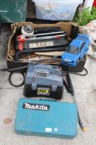 AN ASSORTMENT OF ITEMS TO INCLUDE A POWER SPRAYER, A MAKITA TOOL BOX AND A TILE CUTTER ETC