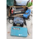 AN ASSORTMENT OF ITEMS TO INCLUDE A POWER SPRAYER, A MAKITA TOOL BOX AND A TILE CUTTER ETC
