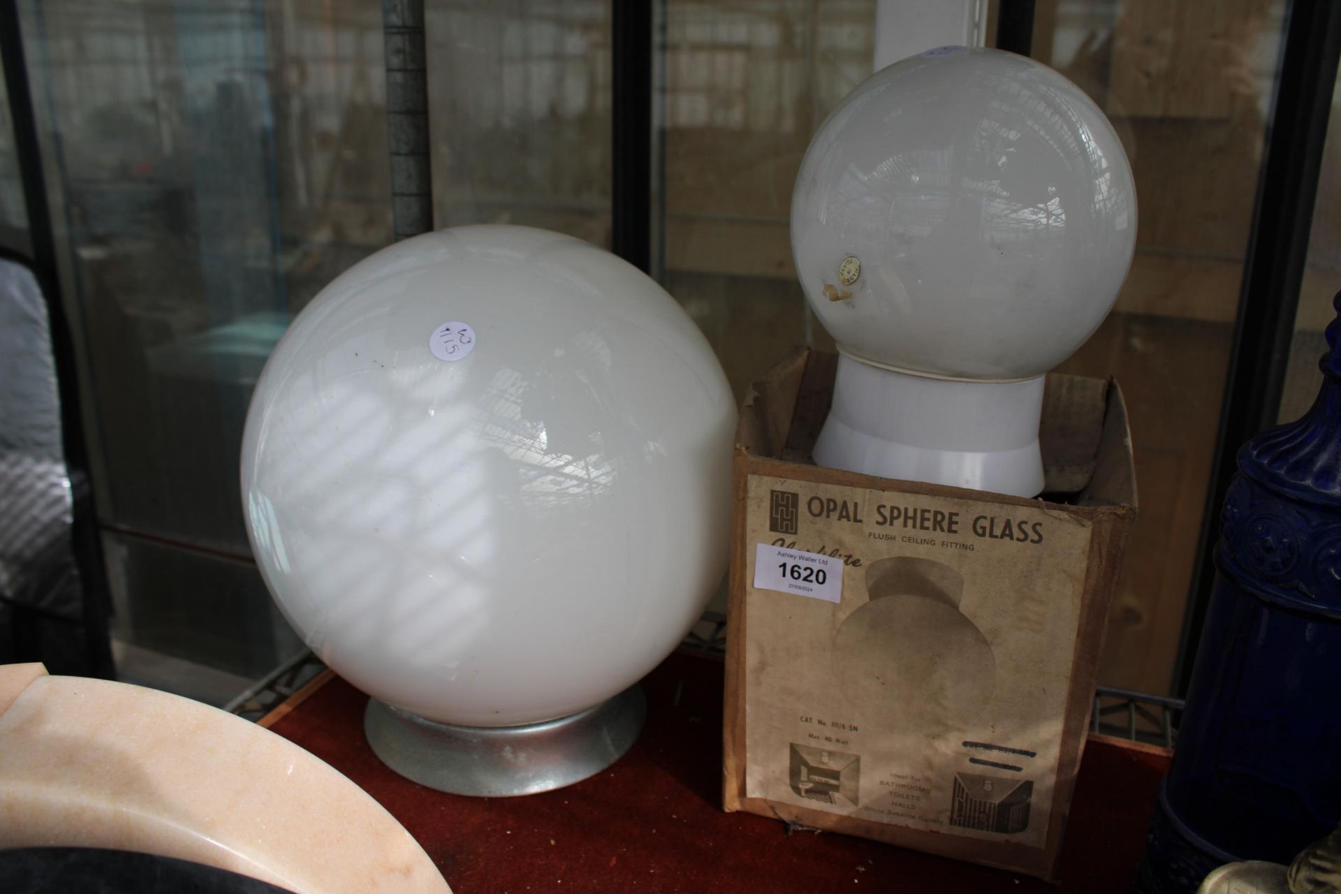 AN OPAL SPHERE GLASS LIGHT FITTING AND A FURTHER LIGHT FITTING