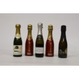 FIVE MINIATURE 20CL BOTTLES TO INCLUDE ONE BUCKS FIZZ, TWO PROSSECOS AND TWO PIPER CHAMPAGNES