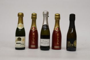 FIVE MINIATURE 20CL BOTTLES TO INCLUDE ONE BUCKS FIZZ, TWO PROSSECOS AND TWO PIPER CHAMPAGNES