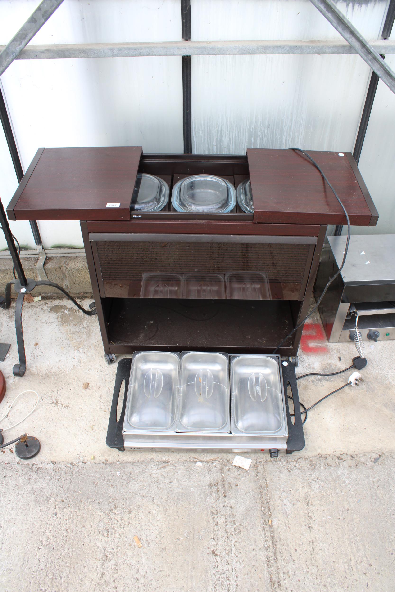 TWO ELECTRIC HOT PLATE FOOD WARMERS TO INCLUDE A HOSTESS TROLLEY AND A STAINLESS STEEL DELTA HOT