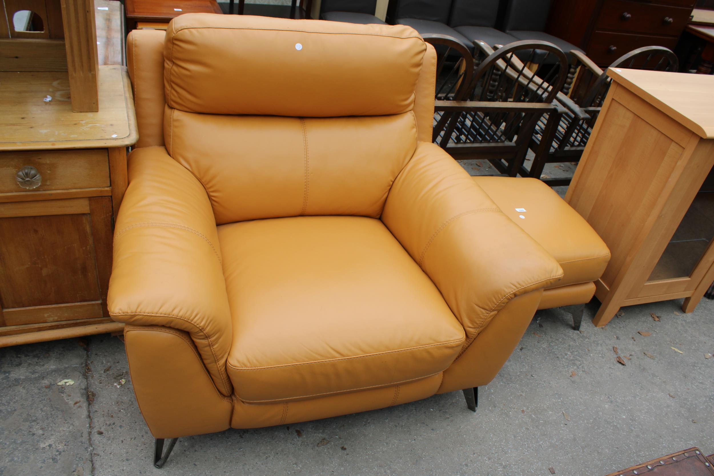 A MUSTARD EASY CHAIR AND STOOL ON KICK OUT METAL LEGS - Image 3 of 3