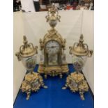 AN ROBERT GRANT OF LONDON ORNATE BRASS CLOCK WITH CERAMIC PILLARS AND INSERT OF A COURTING COUPLE